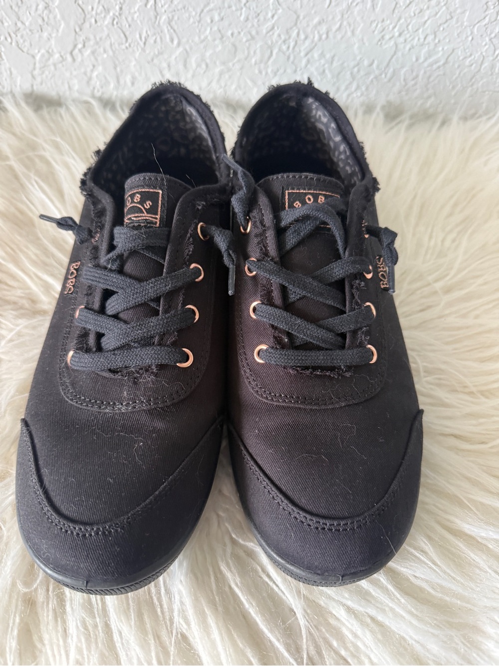 Bobs from Skechers Black Canvas Lace-Up Sneakers with Rose Gold Eyelets